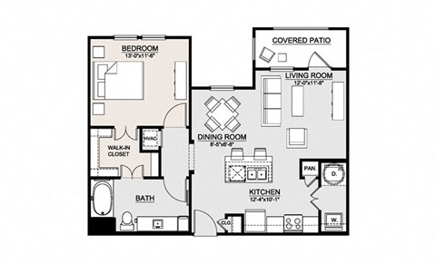 Floor plan for 1 bed, 1 bath, 796 sqft