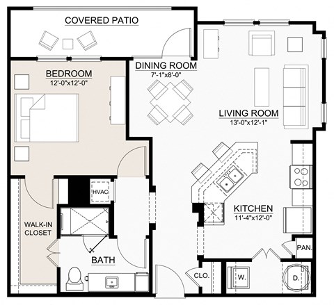 Floor plan for 1 bed, 1 bath, 860 sqft