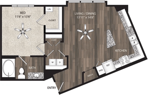 Floor plan for 1 bed, 1 bath, 776 sqft