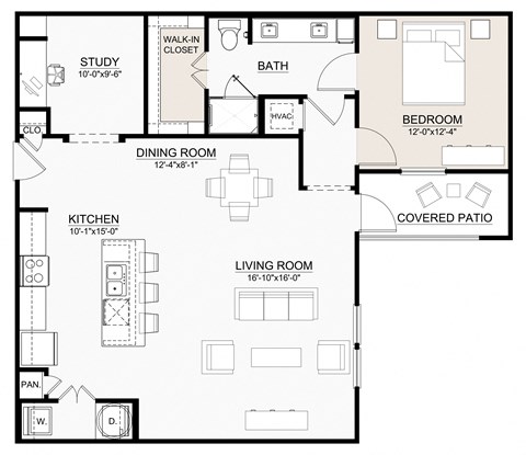 Floor plan for 1 bed, 1 bath, 1117 sqft