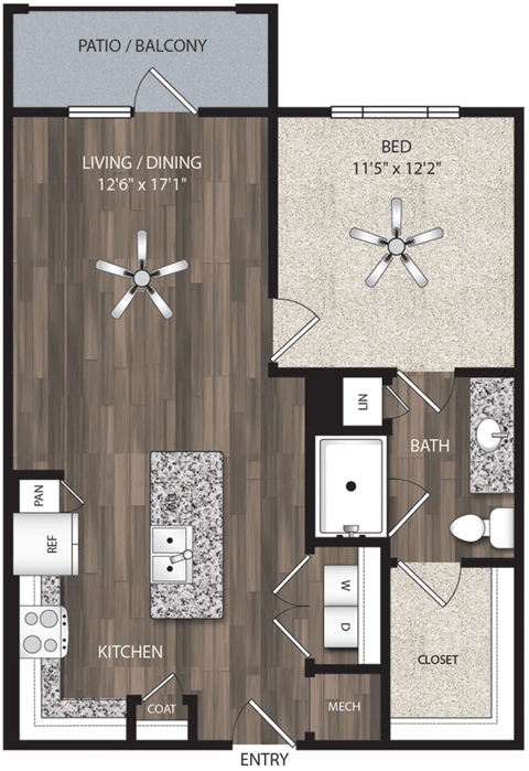 Floor plan for 1 bed, 1 bath, 775 sqft