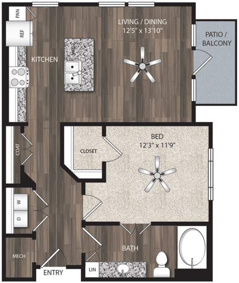 Floor plan for 1 bed, 1 bath, 762 sqft
