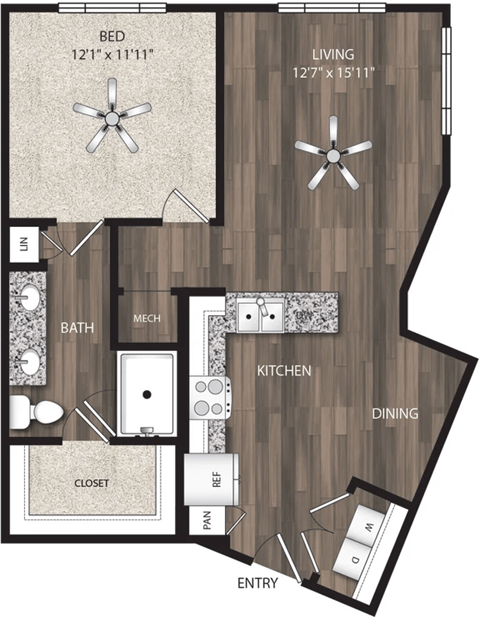 Floor plan for 1 bed, 1 bath, 801 sqft