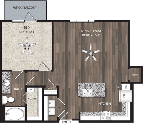 Floor plan for 1 bed, 1 bath, 866 sqft