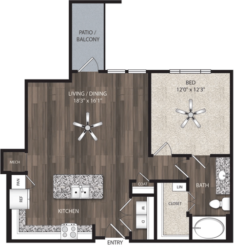 Floor plan for 1 bed, 1 bath, 840 sqft