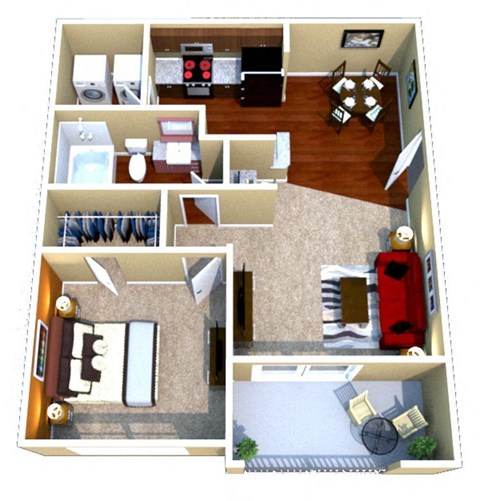 Floor plan for 1 bed, 1 bath, 665 sqft