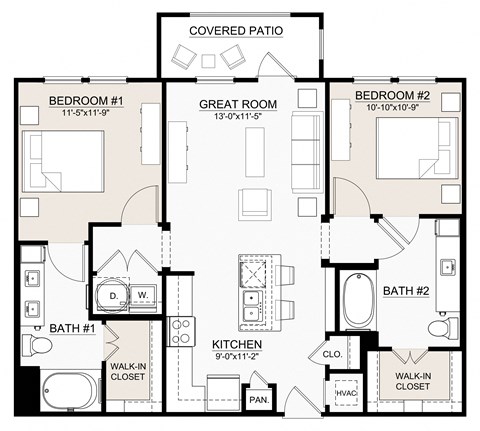 Floor plan for 2 beds, 2 baths, 1019 sqft