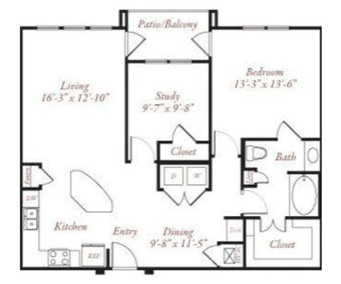 Floor plan for 1 bed, 1 bath, 1034 sqft