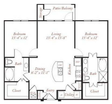 Floor plan for 2 beds, 2 baths, 1152 sqft
