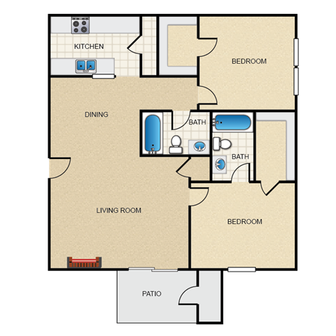 Floor plan for 2 beds, 2 baths, 840 sqft