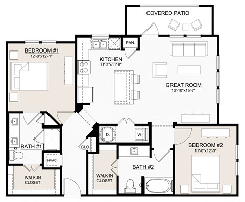 Floor plan for 2 beds, 2 baths, 1124 sqft