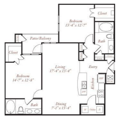 Floor plan for 2 beds, 2 baths, 1194 sqft
