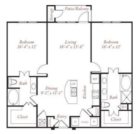 Floor plan for 2 beds, 2 baths, 1256 sqft