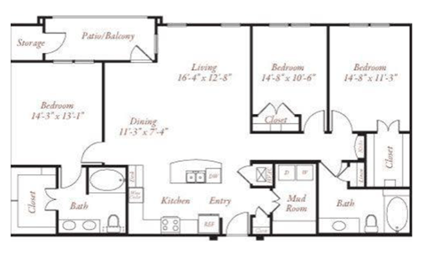 Floor plan for 3 beds, 2 baths, 1566 sqft