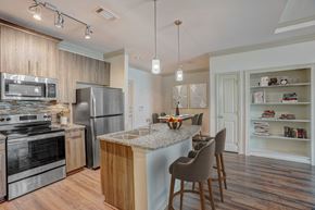 Conroe apartment for rent - a kitchen with stainless steel appliances and a island with chairs