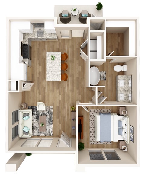 Floor plan for 1 bed, 1 bath, 763 sqft