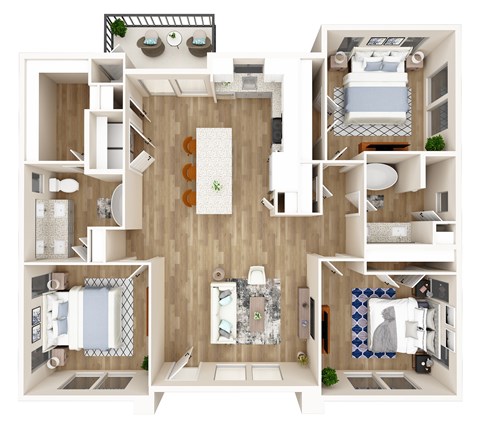 Floor plan for 3 beds, 2 baths, 1402 sqft
