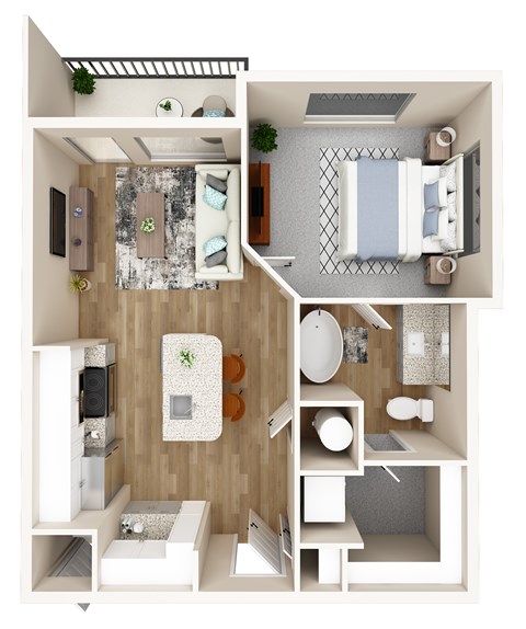 Floor plan for 1 bed, 1 bath, 640 sqft