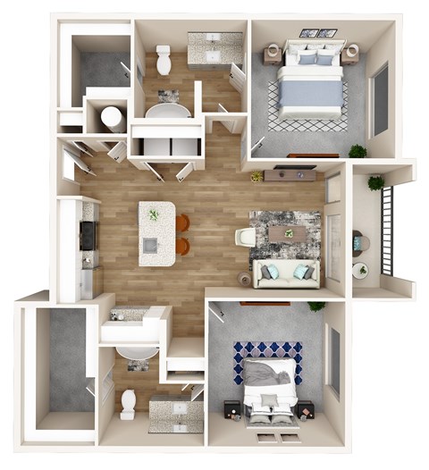 Floor plan for 2 beds, 2 baths, 1049 sqft