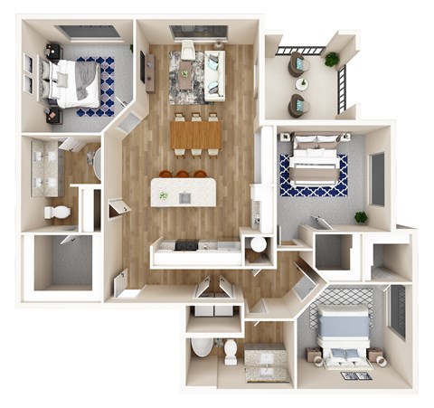 Floor plan for 3 beds, 2 baths, 1327 sqft