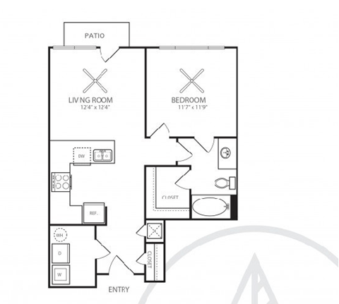 Floor plan for 1 bed, 1 bath, 696 sqft