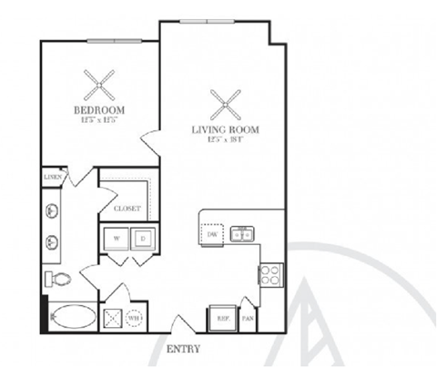 Floor plan for 1 bed, 1 bath, 741 sqft