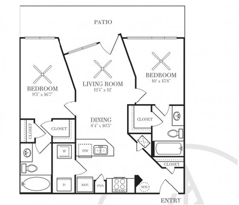 Floor plan for 2 beds, 2 baths, 1024 sqft