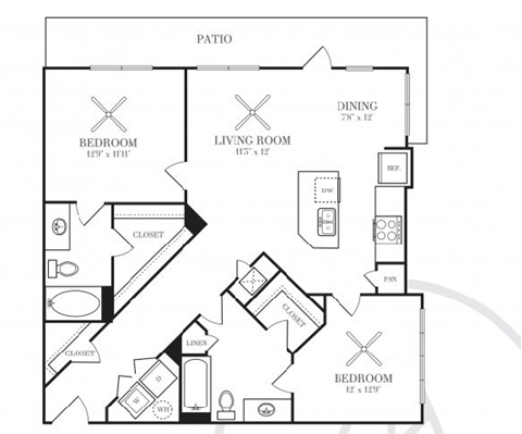 Floor plan for 2 beds, 2 baths, 1080 sqft