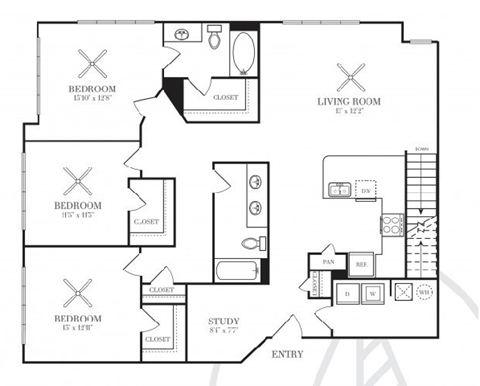 Floor plan for 3 beds, 2 baths, 1579 sqft