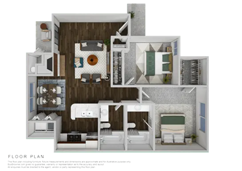 Floor plan for 2 beds, 2 baths, 875 sqft