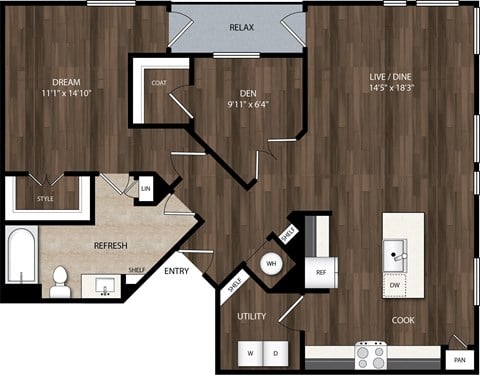 Floor plan for 1 bed, 1 bath, 1132 sqft