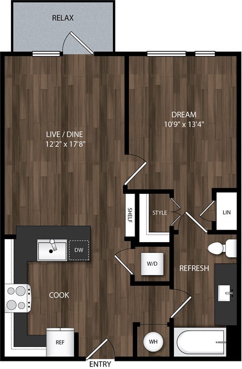 Floor plan for 1 bed, 1 bath, 713 sqft