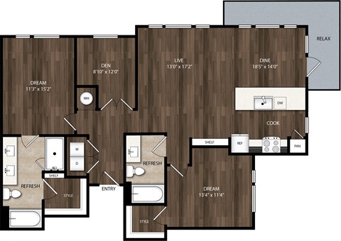 Floor plan for 2 beds, 2 baths, 1304 sqft