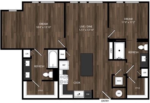 Floor plan for 2 beds, 2 baths, 1083 sqft