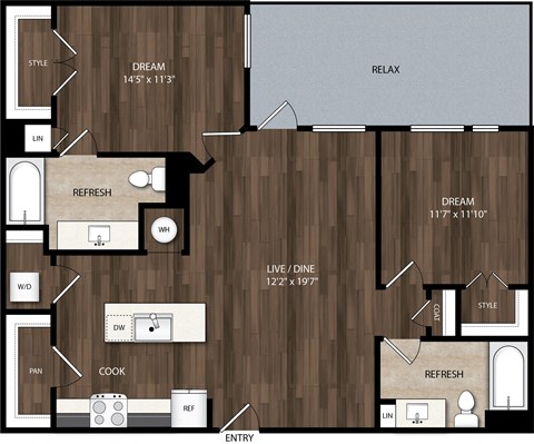 Floor plan for 2 beds, 2 baths, 1070 sqft