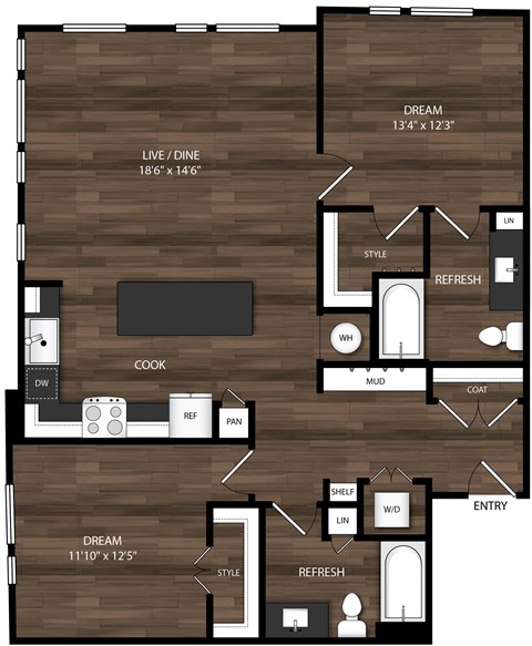 Floor plan for 2 beds, 2 baths, 1225 sqft