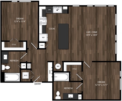 Floor plan for 2 beds, 2 baths, 1175 sqft