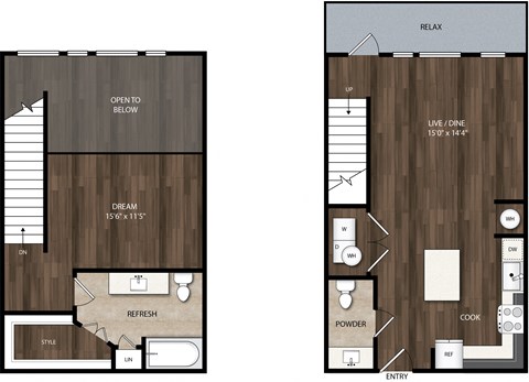Floor plan for 1 bed, 1.5 baths, 999 sqft