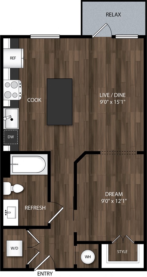 Floor plan for studio, 1 bath, 655 sqft