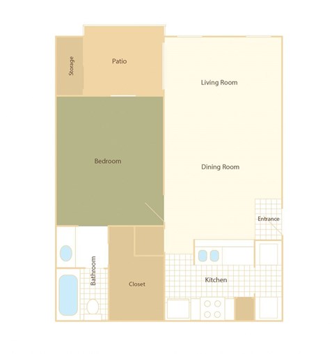 Floor plan for 1 bed, 1 bath, 637 sqft
