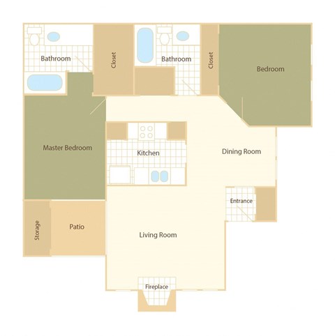 Floor plan for 2 beds, 2 baths, 976 sqft