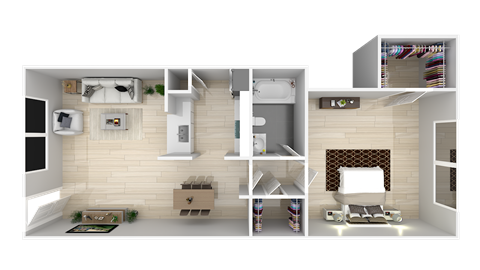 Floor plan for 1 bed, 1 bath, 672 sqft