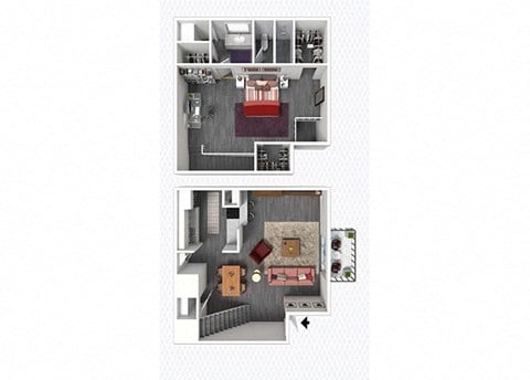 Floor plan for 1 bed, 1.5 baths, 999 sqft