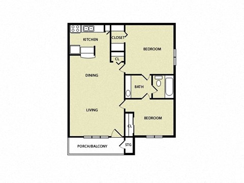 Floor plan for 2 beds, 1 bath, 768 sqft