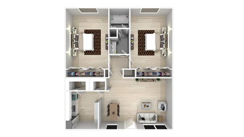 Floor plan for 2 beds, 1 bath, 917 sqft