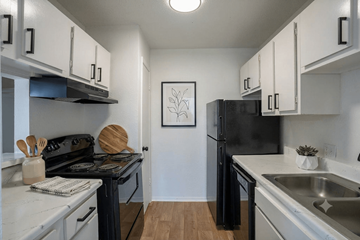 College Station apartment for rent - A black refrigerator sits in a kitchen with white cabinets.