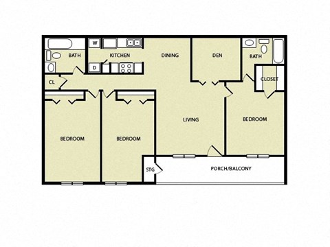 Floor plan for 3 beds, 2 baths, 1298 sqft