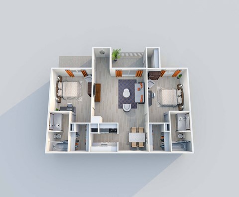 Floor plan for 2 beds, 2 baths, 1057 sqft
