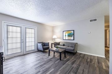 Fort Worth apartment for rent - A living room with a grey couch and a painting on the wall.