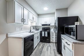 Fort Worth apartment for rent - A kitchen with black appliances and white cabinets.
